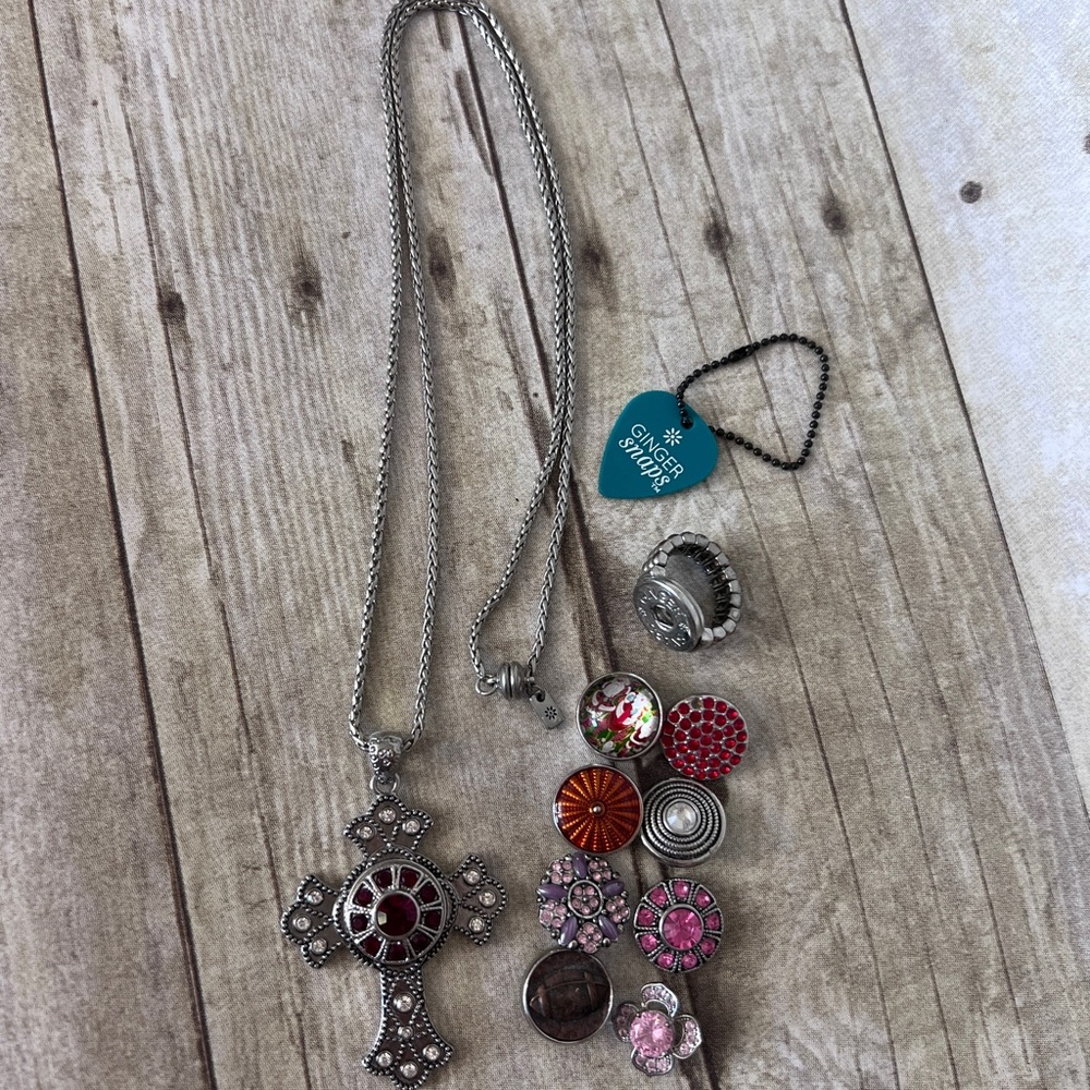 Silver Cross Gingersnap Necklace and Ring with Colorful Gingersnap Charms